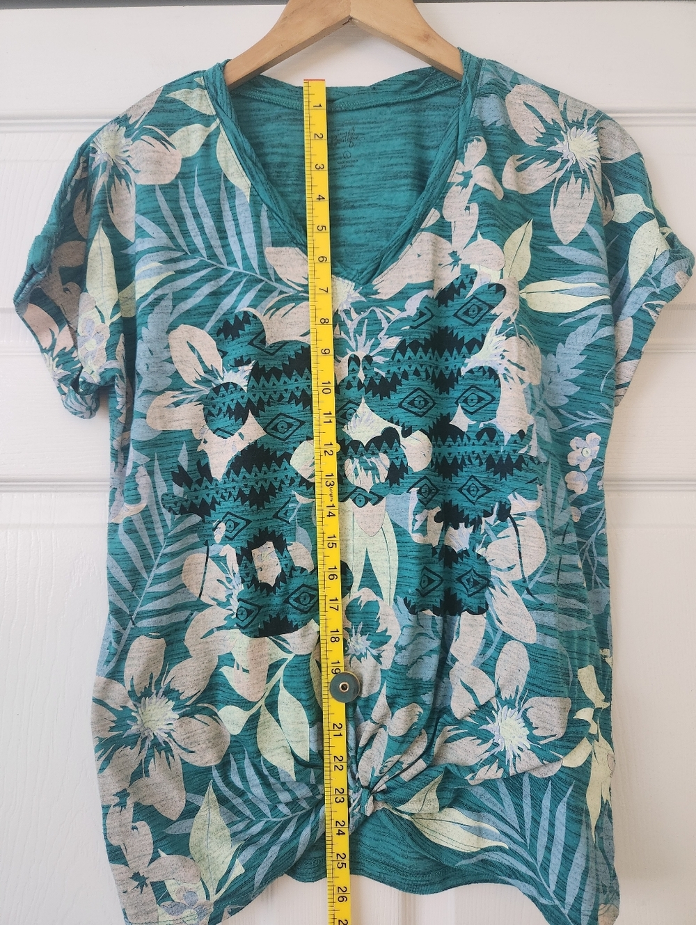 Disney Teal Floral V-Neck Knot Front Short Sleeve Tee - Women's Large - Picture 5 of 7